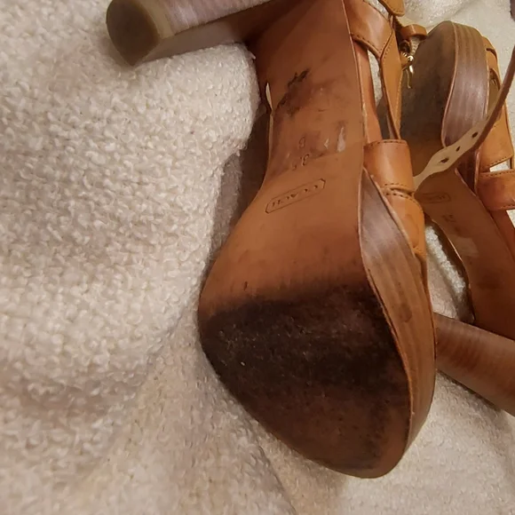 Used Coach Leather Peep Toe Buckle Tie 5"  Heels, one heel has water stain - Picture 3 of 5